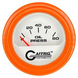 GAFFRIG 2 INCH ELECTRIC OIL PRESSURE GAUGE 0-80 WHITE / ORANGE / STEP RIM