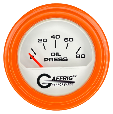 GAFFRIG 2 INCH ELECTRIC OIL PRESSURE GAUGE 0-80 WHITE / ORANGE / STEP RIM