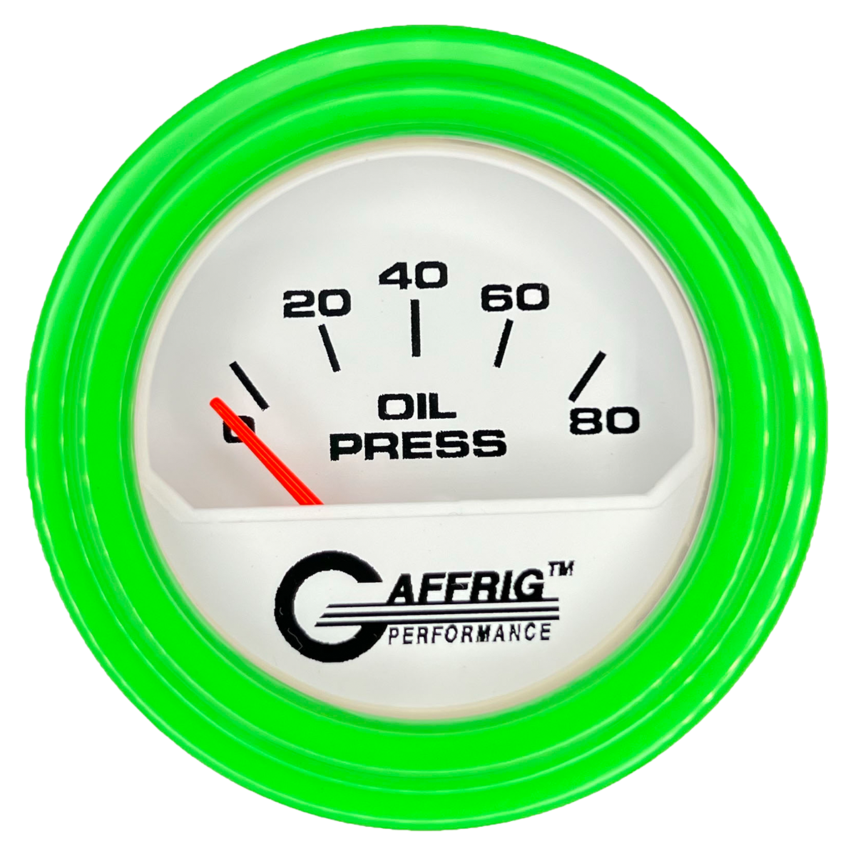 GAFFRIG 2 INCH ELECTRIC OIL PRESSURE GAUGE 0-80 WHITE / LIME GREEN / STEP RIM