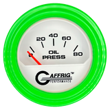 GAFFRIG 2 INCH ELECTRIC OIL PRESSURE GAUGE 0-80 WHITE / LIME GREEN / STEP RIM