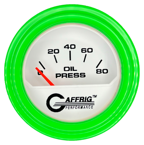 GAFFRIG 2 INCH ELECTRIC OIL PRESSURE GAUGE 0-80 WHITE / LIME GREEN / STEP RIM