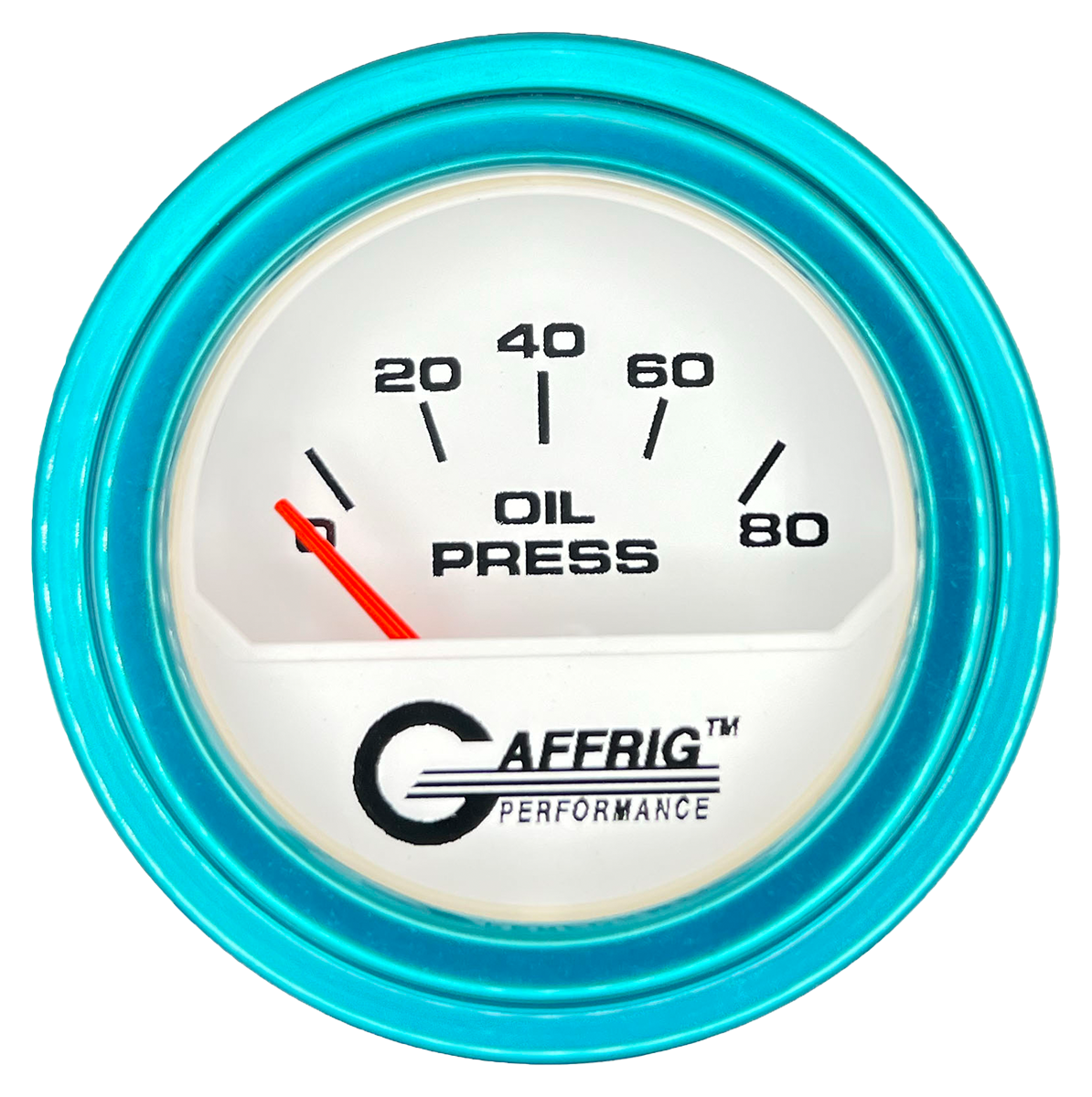 GAFFRIG 2 INCH ELECTRIC OIL PRESSURE GAUGE 0-80 WHITE / TEAL / STEP RIM