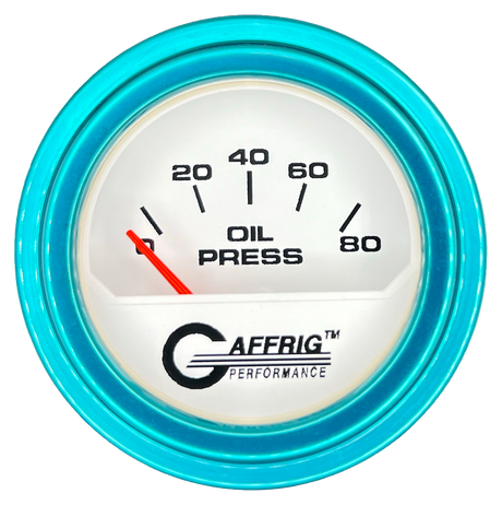 GAFFRIG 2 INCH ELECTRIC OIL PRESSURE GAUGE 0-80 WHITE / TEAL / STEP RIM