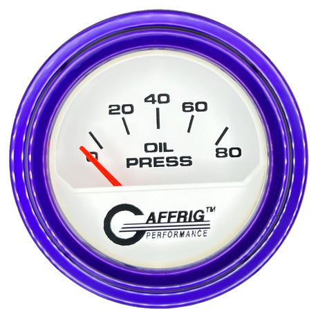 GAFFRIG 2 INCH ELECTRIC OIL PRESSURE GAUGE 0-80 WHITE / PURPLE / STEP RIM