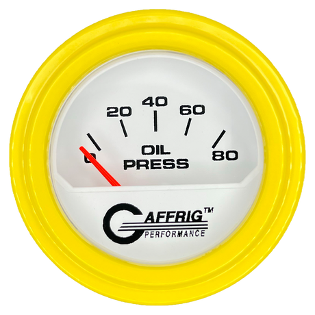 GAFFRIG 2 INCH ELECTRIC OIL PRESSURE GAUGE 0-80 WHITE / YELLOW / STEP RIM