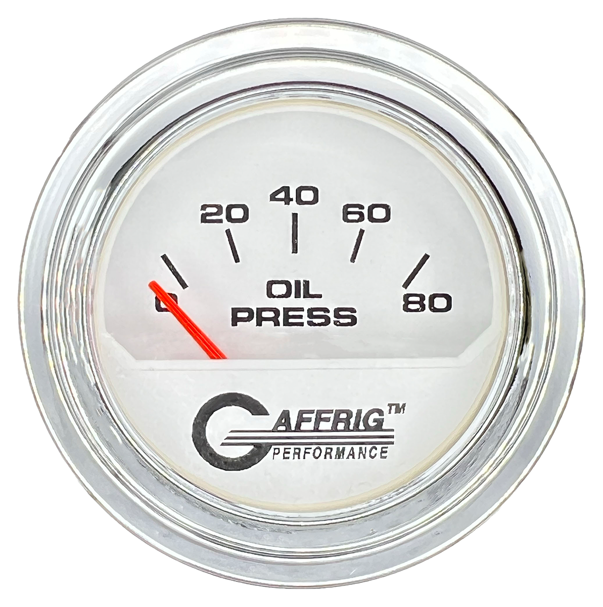 GAFFRIG 2 INCH ELECTRIC OIL PRESSURE GAUGE 0-80 WHITE / CHROME/POLISHED / STEP RIM