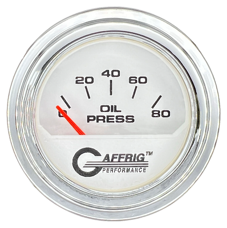 GAFFRIG 2 INCH ELECTRIC OIL PRESSURE GAUGE 0-80 WHITE / CHROME/POLISHED / STEP RIM