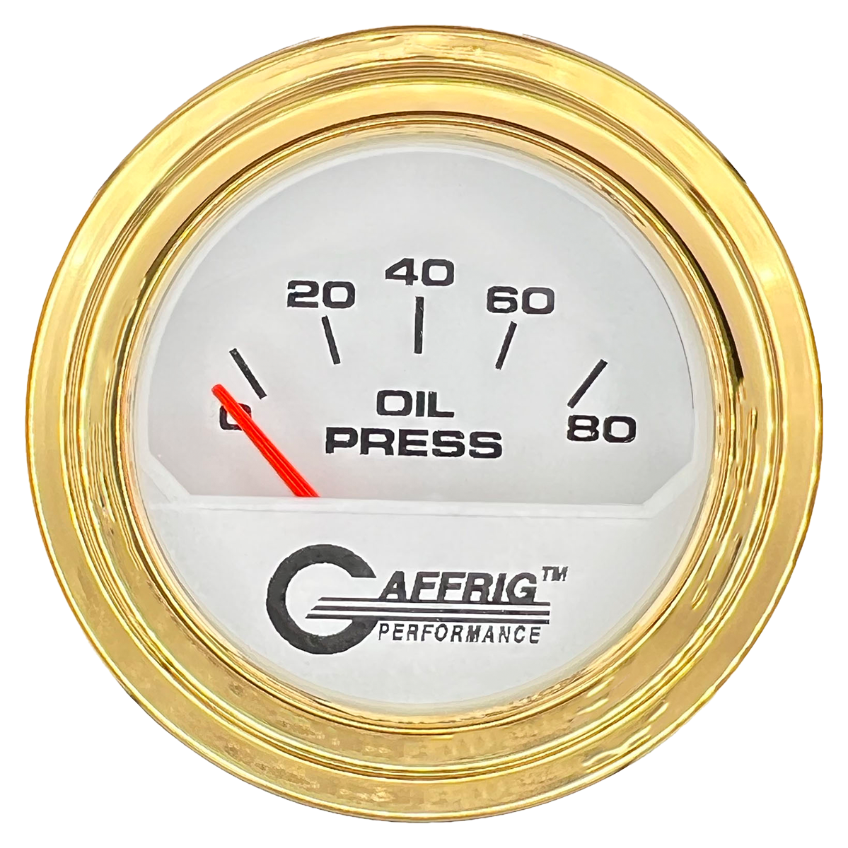 GAFFRIG 2 INCH ELECTRIC OIL PRESSURE GAUGE 0-80 WHITE / GOLD / STEP RIM