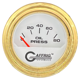 GAFFRIG 2 INCH ELECTRIC OIL PRESSURE GAUGE 0-80 WHITE / GOLD / STEP RIM