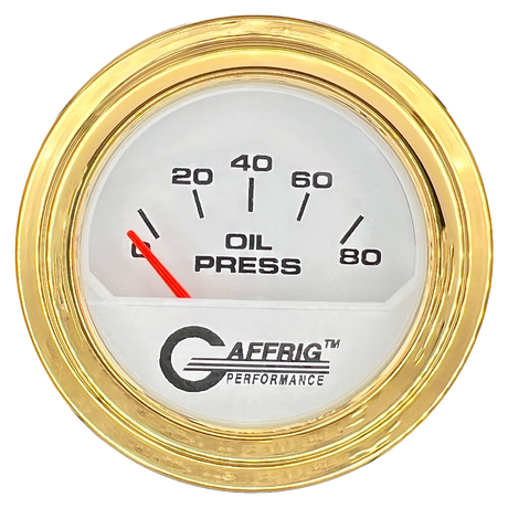 GAFFRIG 2 INCH ELECTRIC OIL PRESSURE GAUGE 0-80 WHITE / GOLD / STEP RIM