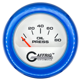 GAFFRIG 2 INCH ELECTRIC OIL PRESSURE GAUGE 0-80 WHITE / BLUE / FAT RIM