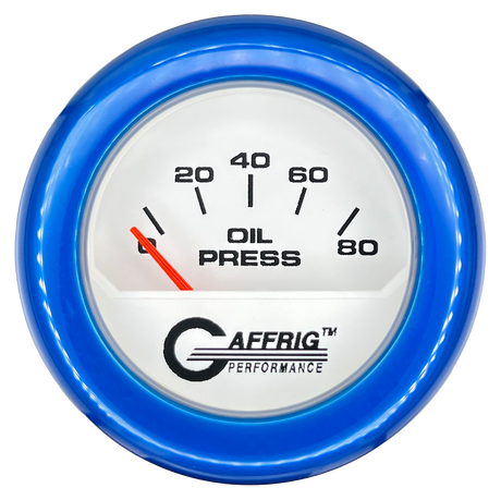 GAFFRIG 2 INCH ELECTRIC OIL PRESSURE GAUGE 0-80 WHITE / BLUE / FAT RIM