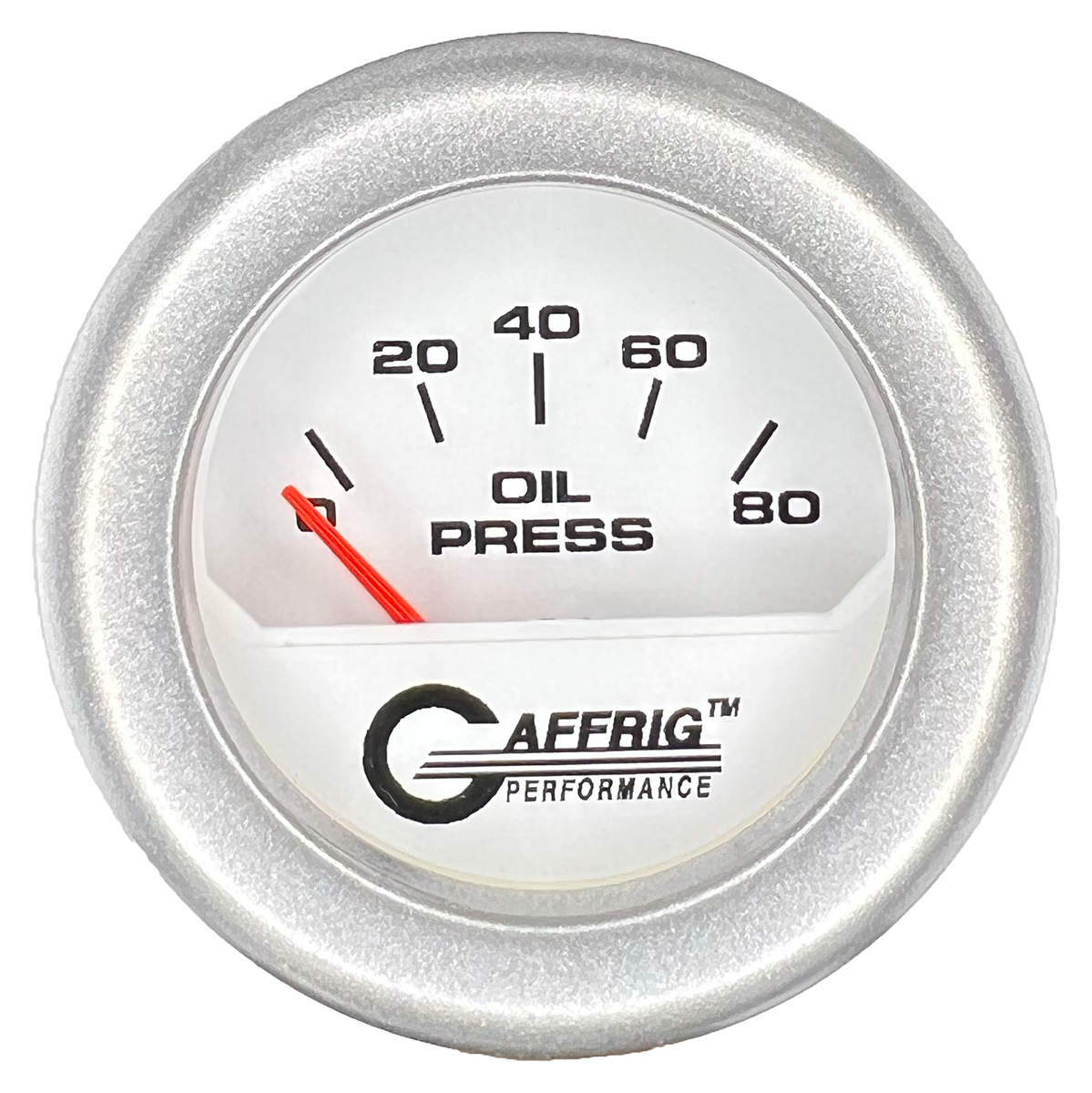 GAFFRIG 2 INCH ELECTRIC OIL PRESSURE GAUGE 0-80 WHITE / PLATINUM / FAT RIM