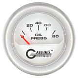 GAFFRIG 2 INCH ELECTRIC OIL PRESSURE GAUGE 0-80 WHITE / PLATINUM / FAT RIM