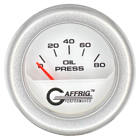 GAFFRIG 2 INCH ELECTRIC OIL PRESSURE GAUGE 0-80 WHITE / PLATINUM / FAT RIM