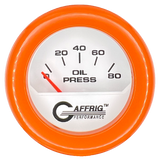 GAFFRIG 2 INCH ELECTRIC OIL PRESSURE GAUGE 0-80 WHITE / ORANGE / FAT RIM