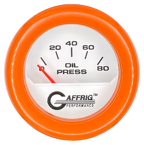 GAFFRIG 2 INCH ELECTRIC OIL PRESSURE GAUGE 0-80 WHITE / ORANGE / FAT RIM