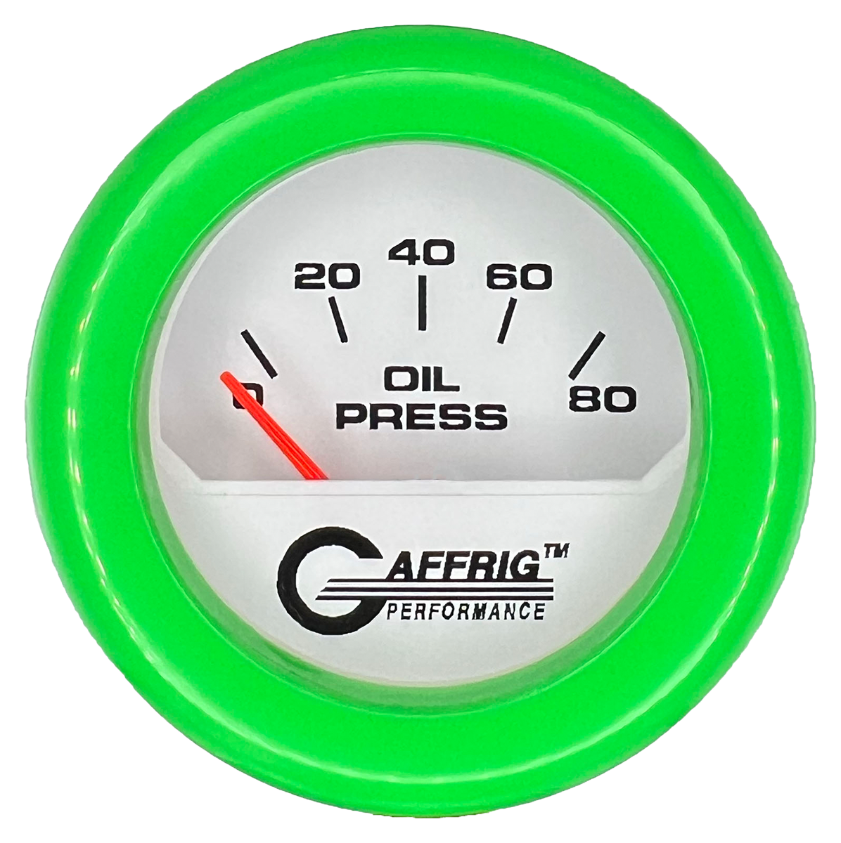 GAFFRIG 2 INCH ELECTRIC OIL PRESSURE GAUGE 0-80 WHITE / LIME GREEN / FAT RIM