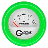 GAFFRIG 2 INCH ELECTRIC OIL PRESSURE GAUGE 0-80 WHITE / LIME GREEN / FAT RIM