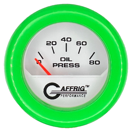 GAFFRIG 2 INCH ELECTRIC OIL PRESSURE GAUGE 0-80 WHITE / LIME GREEN / FAT RIM