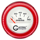 GAFFRIG 2 INCH ELECTRIC OIL PRESSURE GAUGE 0-80 WHITE / RED / FAT RIM