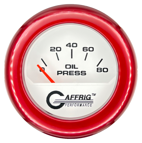 GAFFRIG 2 INCH ELECTRIC OIL PRESSURE GAUGE 0-80 WHITE / RED / FAT RIM