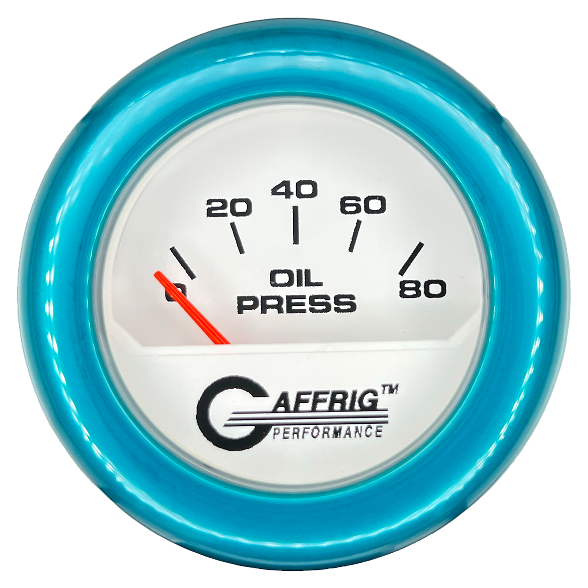 GAFFRIG 2 INCH ELECTRIC OIL PRESSURE GAUGE 0-80 WHITE / TEAL / FAT RIM