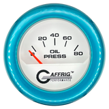 GAFFRIG 2 INCH ELECTRIC OIL PRESSURE GAUGE 0-80 WHITE / TEAL / FAT RIM