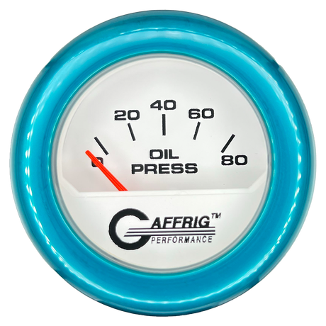 GAFFRIG 2 INCH ELECTRIC OIL PRESSURE GAUGE 0-80 WHITE / TEAL / FAT RIM