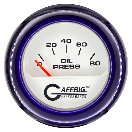 GAFFRIG 2 INCH ELECTRIC OIL PRESSURE GAUGE 0-80 WHITE / PURPLE / FAT RIM