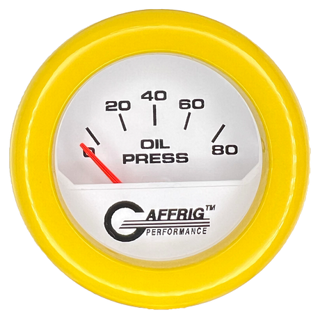 GAFFRIG 2 INCH ELECTRIC OIL PRESSURE GAUGE 0-80 WHITE / YELLOW / FAT RIM