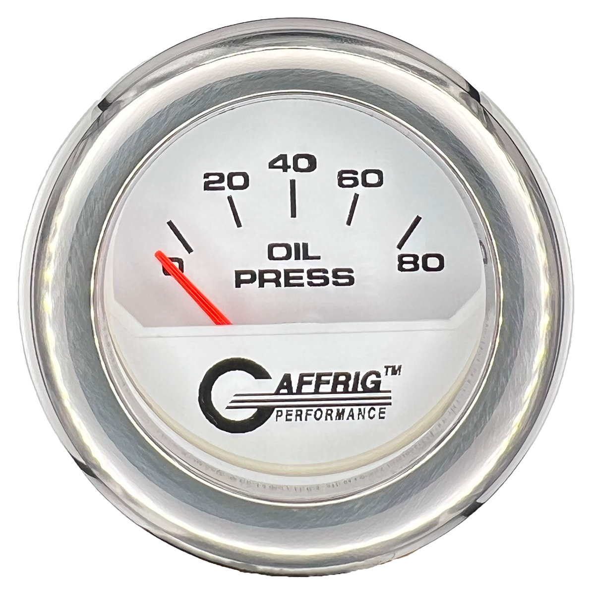 GAFFRIG 2 INCH ELECTRIC OIL PRESSURE GAUGE 0-80 WHITE / CHROME/POLISHED / FAT RIM