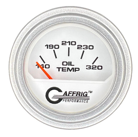 GAFFRIG 2 INCH ELECTRIC OIL TEMP GAUGE 100-320 F STEP RIM (002) / PLATINUM / WHITE