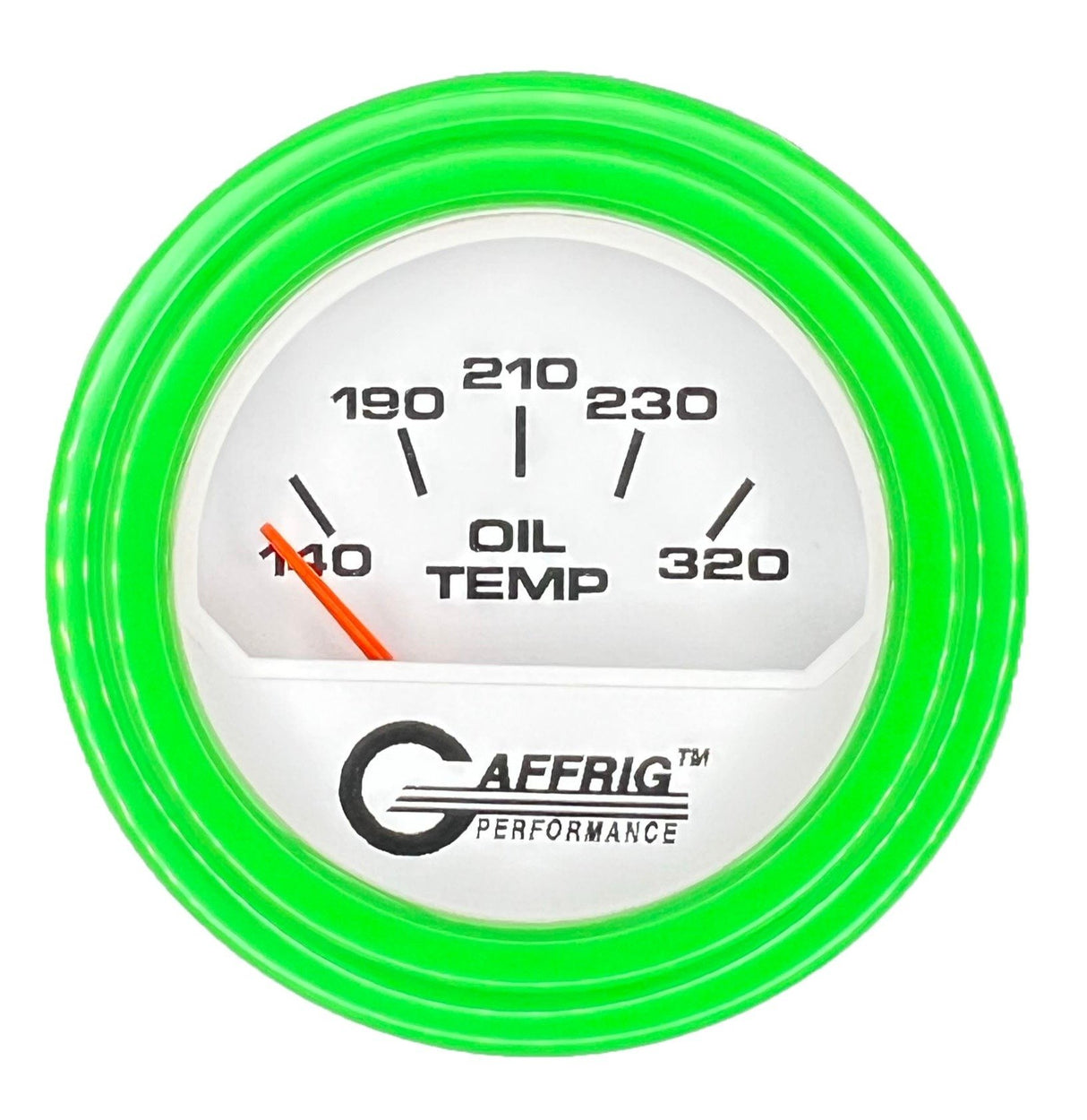 GAFFRIG 2 INCH ELECTRIC OIL TEMP GAUGE 100-320 F STEP RIM (002) / LIME GREEN / WHITE