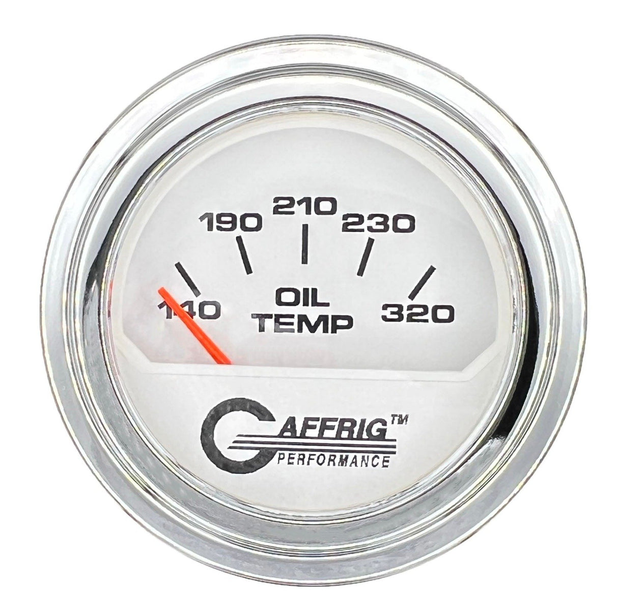 GAFFRIG 2 INCH ELECTRIC OIL TEMP GAUGE 100-320 F STEP RIM (002) / CHROME/POLISHED / WHITE