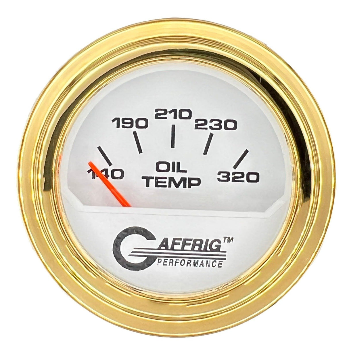 GAFFRIG 2 INCH ELECTRIC OIL TEMP GAUGE 100-320 F STEP RIM (002) / GOLD / WHITE