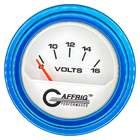 GAFFRIG 2 INCH ELECTRIC VOLTMETER 8-16 VOLT GAUGE STEP RIM (002) / BLUE / WHITE