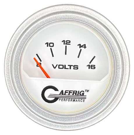 GAFFRIG 2 INCH ELECTRIC VOLTMETER 8-16 VOLT GAUGE STEP RIM (002) / PLATINUM / WHITE