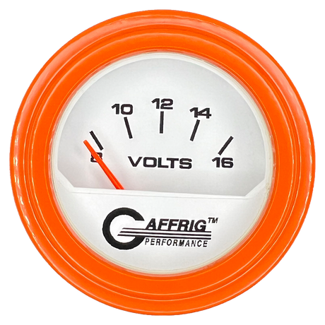 GAFFRIG 2 INCH ELECTRIC VOLTMETER 8-16 VOLT GAUGE STEP RIM (002) / ORANGE / WHITE