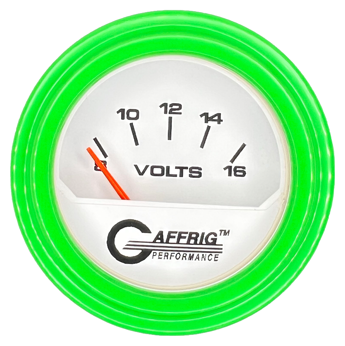 GAFFRIG 2 INCH ELECTRIC VOLTMETER 8-16 VOLT GAUGE STEP RIM (002) / LIME GREEN / WHITE