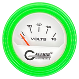 GAFFRIG 2 INCH ELECTRIC VOLTMETER 8-16 VOLT GAUGE STEP RIM (002) / LIME GREEN / WHITE