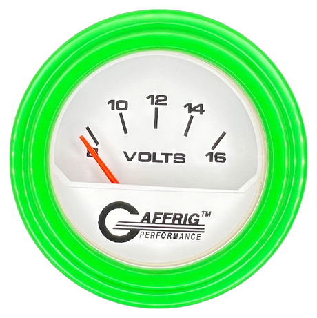 GAFFRIG 2 INCH ELECTRIC VOLTMETER 8-16 VOLT GAUGE STEP RIM (002) / LIME GREEN / WHITE