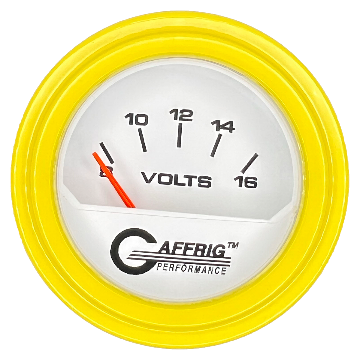 GAFFRIG 2 INCH ELECTRIC VOLTMETER 8-16 VOLT GAUGE STEP RIM (002) / YELLOW / WHITE