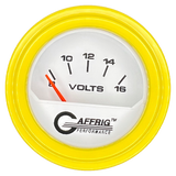 GAFFRIG 2 INCH ELECTRIC VOLTMETER 8-16 VOLT GAUGE STEP RIM (002) / YELLOW / WHITE