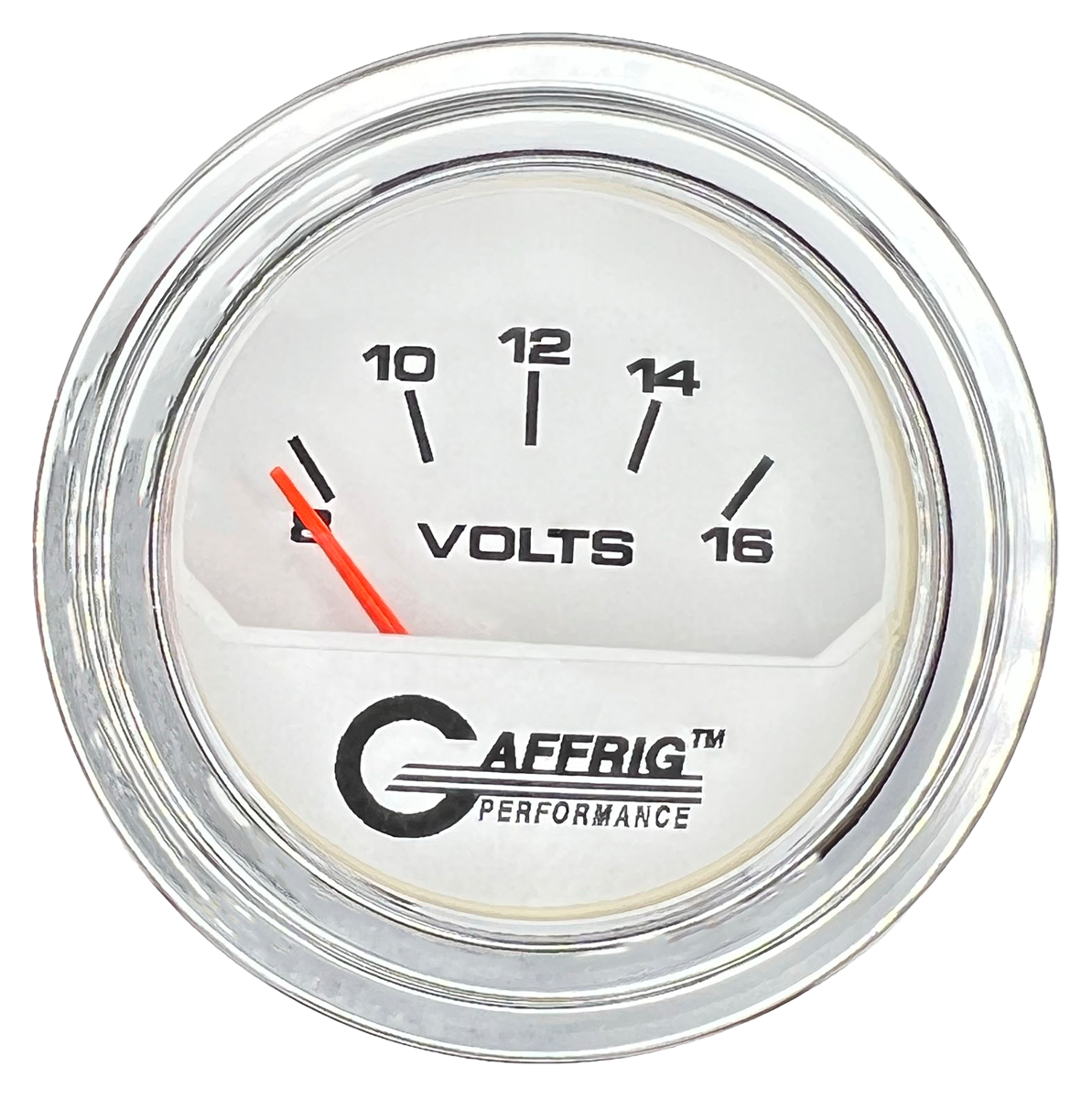 GAFFRIG 2 INCH ELECTRIC VOLTMETER 8-16 VOLT GAUGE STEP RIM (002) / CHROME/POLISHED / WHITE