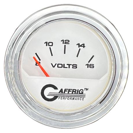 GAFFRIG 2 INCH ELECTRIC VOLTMETER 8-16 VOLT GAUGE STEP RIM (002) / CHROME/POLISHED / WHITE