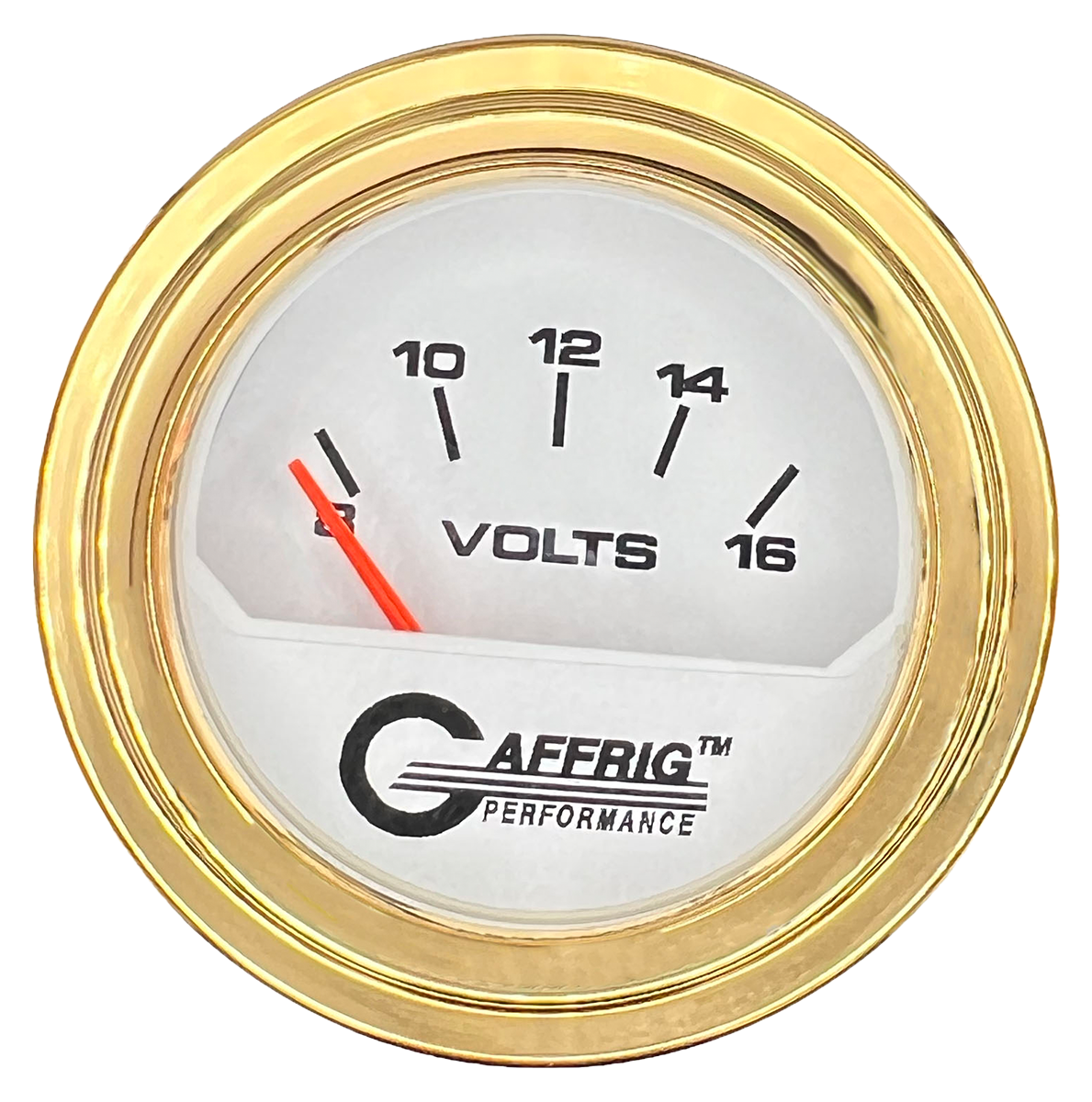 GAFFRIG 2 INCH ELECTRIC VOLTMETER 8-16 VOLT GAUGE STEP RIM (002) / GOLD / WHITE