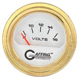 GAFFRIG 2 INCH ELECTRIC VOLTMETER 8-16 VOLT GAUGE STEP RIM (002) / GOLD / WHITE