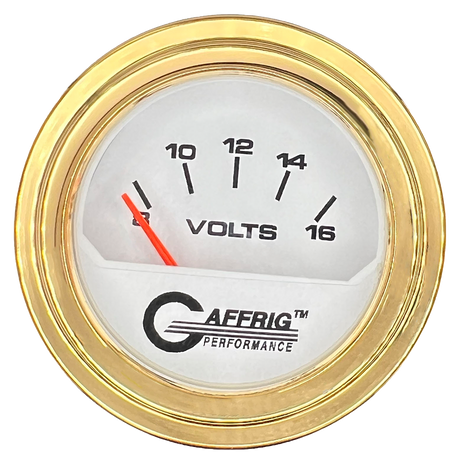 GAFFRIG 2 INCH ELECTRIC VOLTMETER 8-16 VOLT GAUGE STEP RIM (002) / GOLD / WHITE