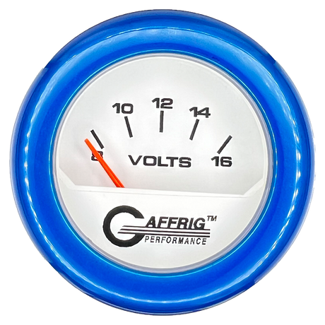 GAFFRIG 2 INCH ELECTRIC VOLTMETER 8-16 VOLT GAUGE FAT RIM (218) / BLUE / WHITE